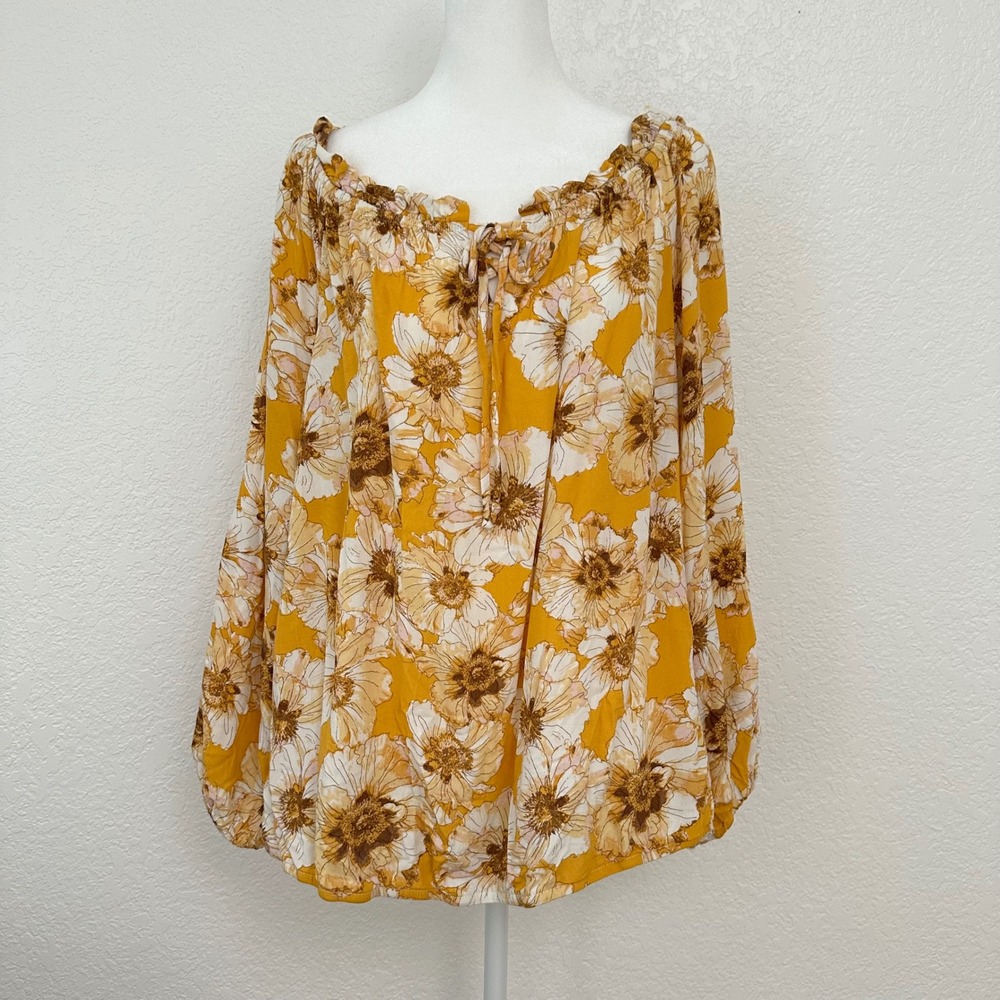 Maurices Boho Blouse Women XL Yellow Floral Off Shoulder Lace Sleeve Crochet